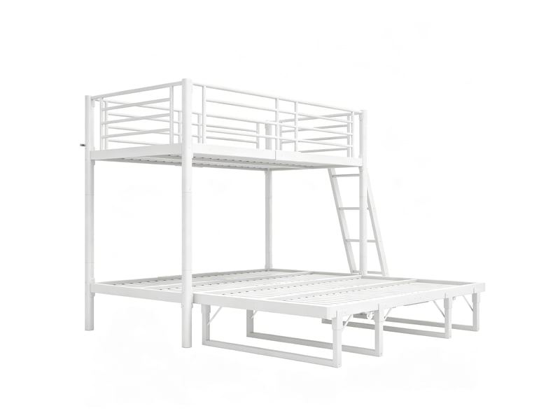Lit superposé avec lit gigogne 90x200 cm en métal blanc, lit d’appoint coulissant, structure gain de place pour chambre enfant, sans matelas - Conforama E