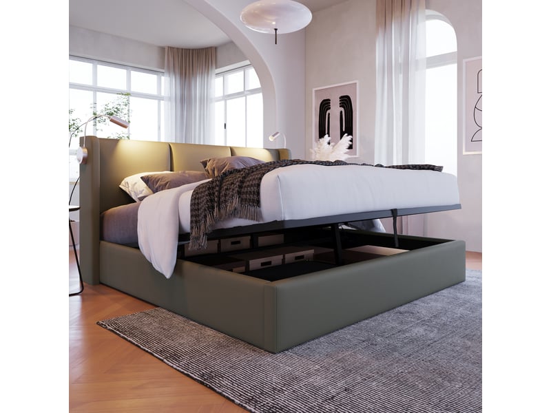  Lit double capitonné 140x200 cm,lit coffre hydraulique,liseuse led avec port usb,tête de lit rembourrée,cuir pu,sans matelas,gris  - Conforama B