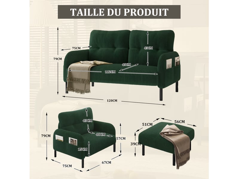  Ensemble canapé, fauteuil et pouf modenvie 4 places en velours côtelé vert émeraude  - Conforama C