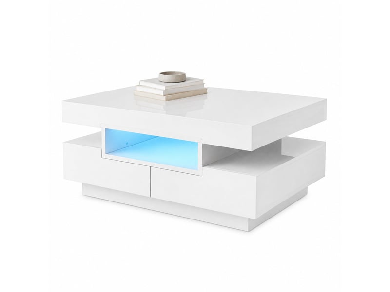  Table basse brillante avec 4 tiroirs et 3 niches, led réglable, pour salon, blanc, 80 x 50 x 36 cm  - Conforama A