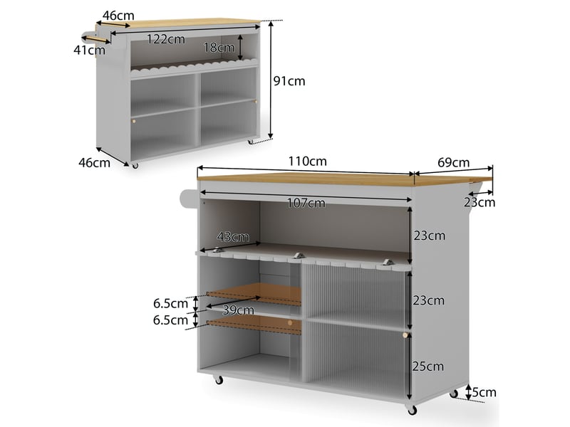 Desserte de cuisine 122 x 46 x 91 cm, grise, mdf, plateau rabattable, rangement à portes vitrées - Conforama C
