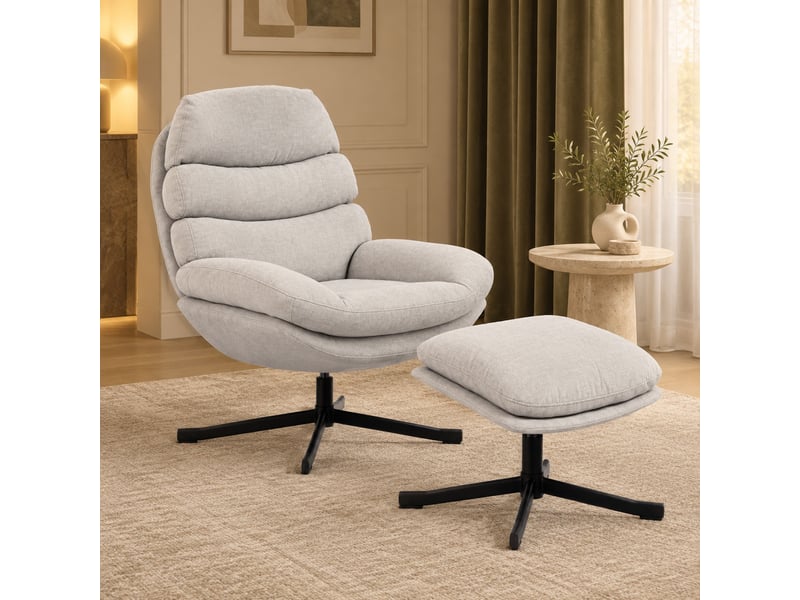  Fauteuil relax pivotant 360° avec repose-pieds en chenille blanc crème 78x93x100 cm  - Conforama E