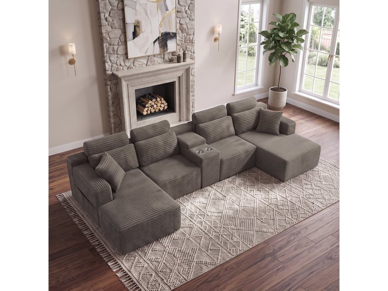 Canapé panoramique modulable compressé 6 places 372x151x80 cm, forme u, 2 porte-gobelets, sans structure, velours côtelé kaki - Conforama B