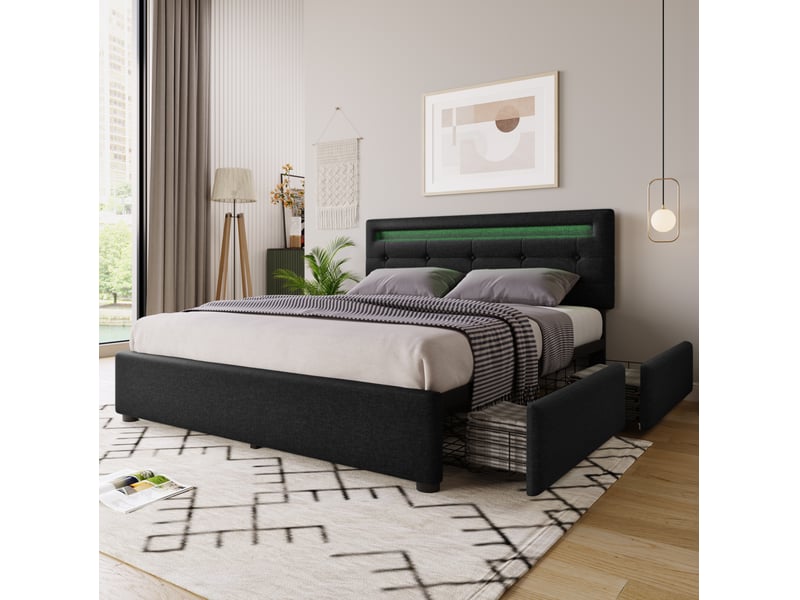  Lit rembourré 140 × 200 cm 2 places avec 4 tiroirs, led réglable, matelas inclus, tête de lit ajustable, noir  - Conforama C