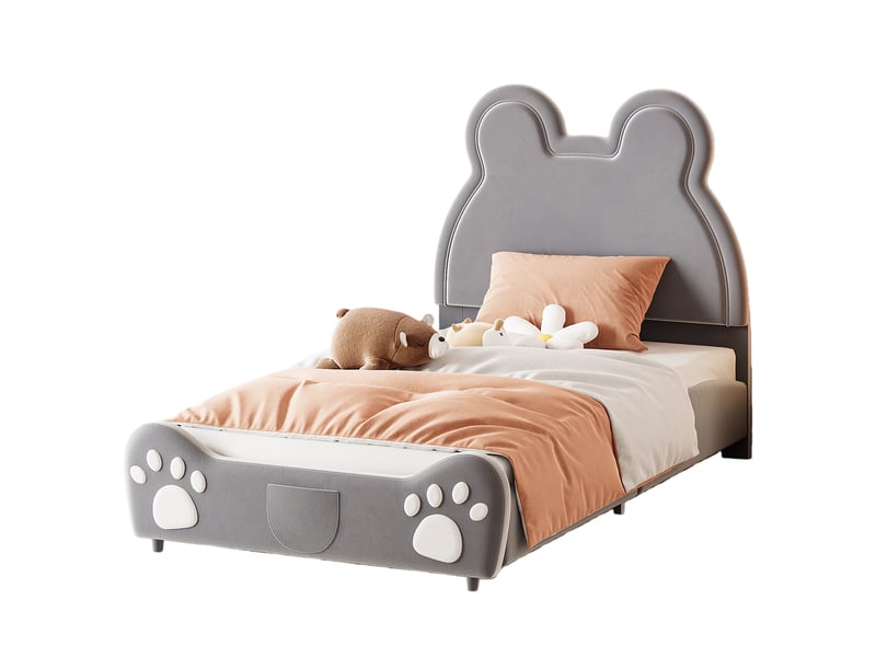  Lit simple pour enfant 90x200 cm - lit en forme d'ours avec sommier à lattes - velours + métal + contreplaqué - sans matelas - gris  - Conforama A