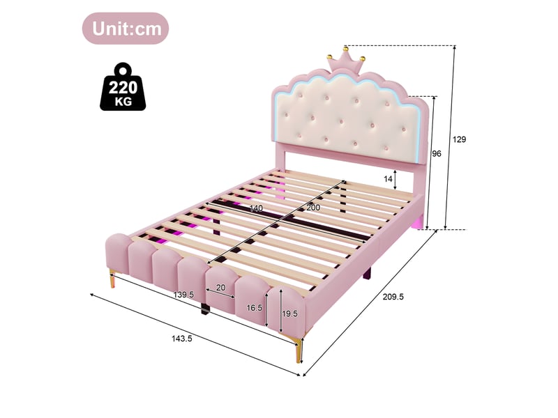  Lit enfant 140x200cm,lit double pour filles en pu avec lumière led et pieds dorés,en forme de couronne,rose lit enfant rose - Conforama C