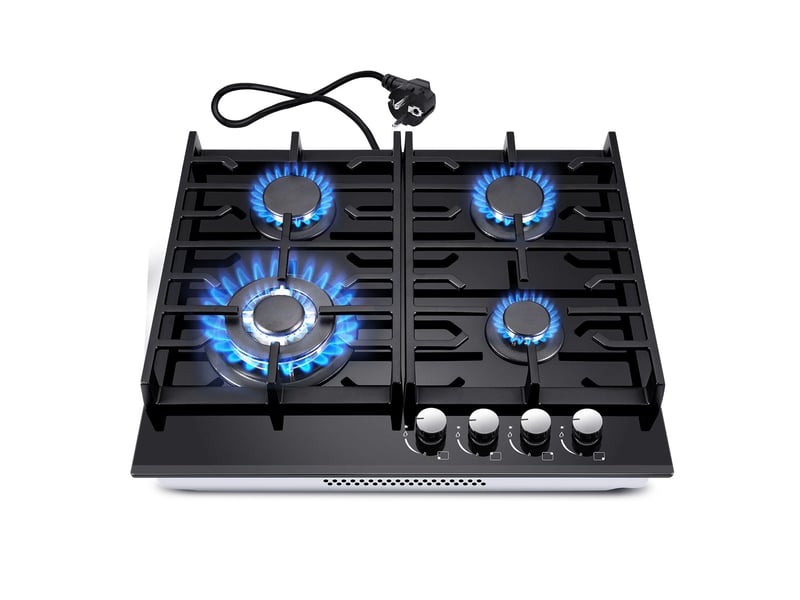  Plaque de cuisson gaz 4 feux, plaque gaz encastrable 60 cm en verre trempé noir, grilles en fonte, allumage électronique  - Conforama A