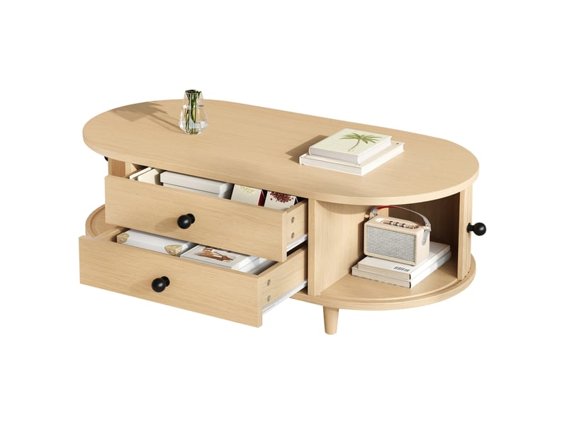 Table basse avec 2 tiroirs et portes coulissantes, rangement discret pour salon, 100 × 50 × 36 cm, en mdf, bois clair  - Conforama A