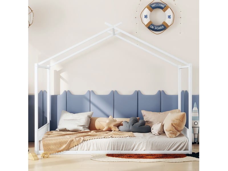  Lit enfant 140x200 cm, structure solide et sécurisante, en métal style maison, lit cabane, coloris blanc, sans matelas  - Conforama D