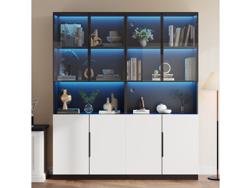  Vitrine moderne minimaliste avec portes en verre, vitrine avec éclairage led, étagère pour objets de collection, 160 x 30 x 200 cm  - Conforama B