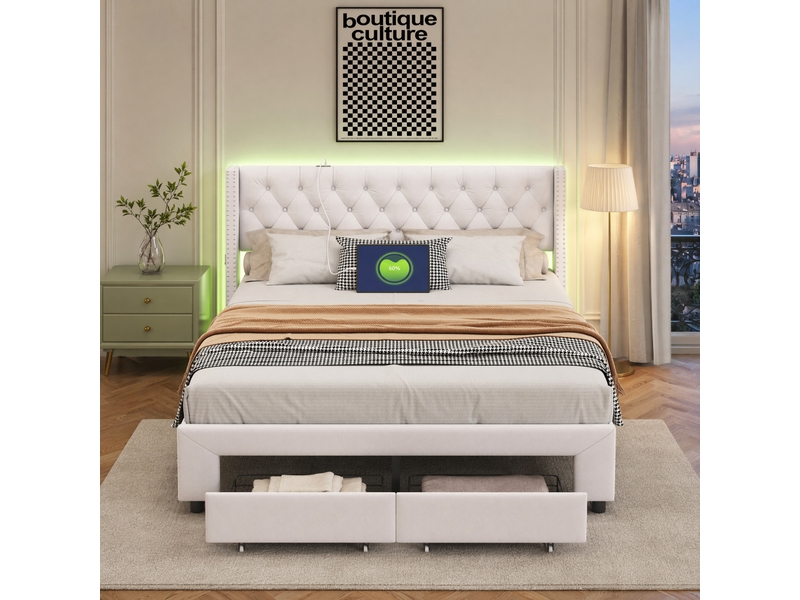 Lit 140 x 190 cm avec sommier ,lit double avec 2 tiroirs et led,usb,cadre de lit 140x190 cm ,lit rembourré,velours,beige - Conforama D