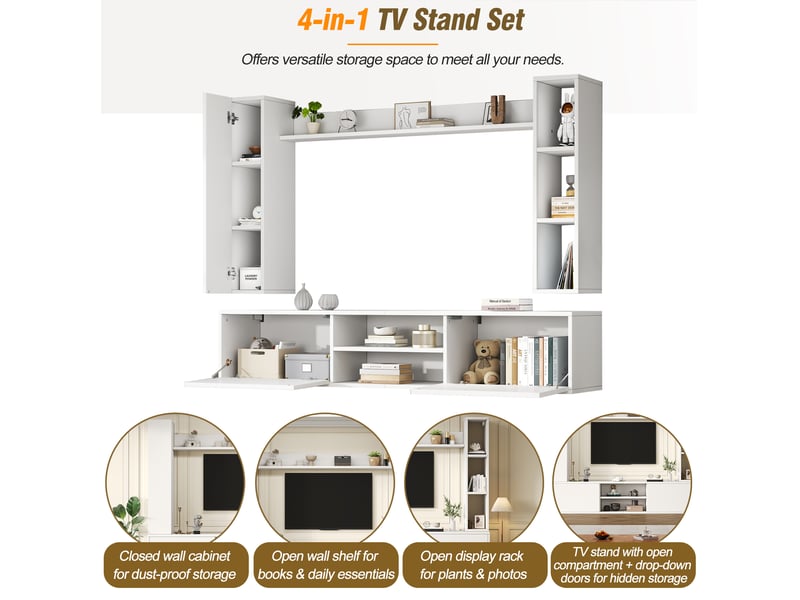  Ensemble meuble tv 4 pièces 180x35x33.5 cm avec 2 armoires murales, 1 module mural, panneau de particules, blanc  - Conforama D