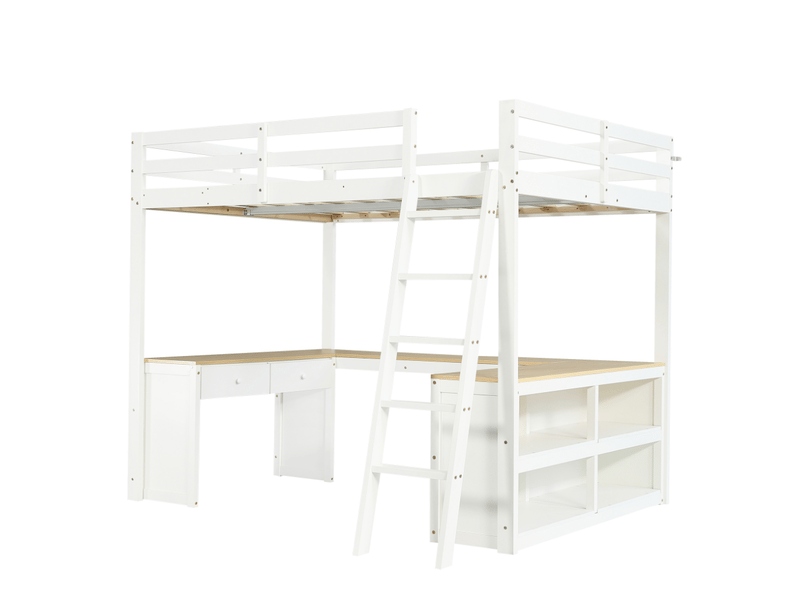  Lit mezzanine 140x200 cm avec bureau en u, 2 tiroirs, rangement, bois, mdf, panneau de particules, blanc et naturel, sans matelas  - Conforama A