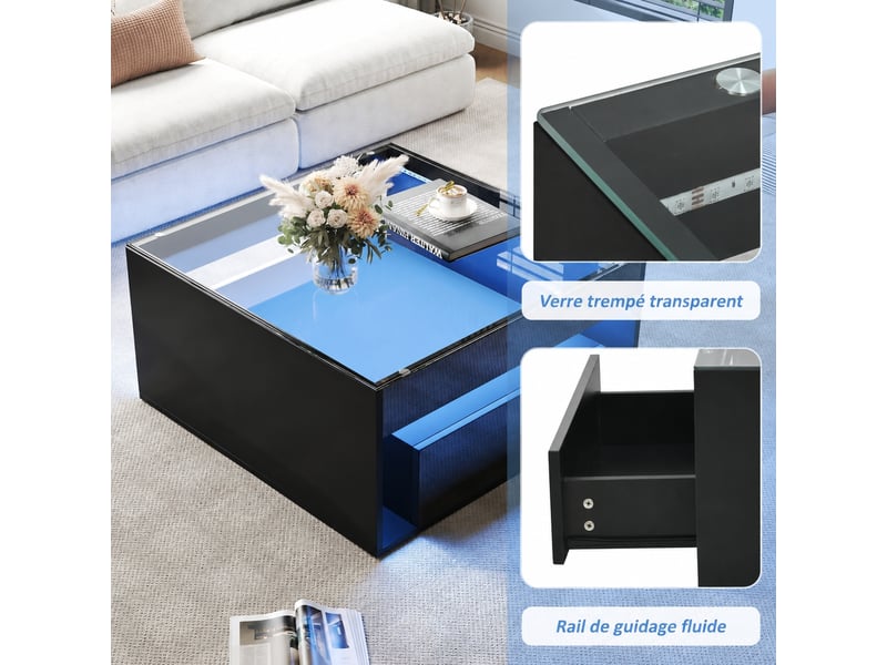 Table basse avec deux tiroirs, plateau en verre trempé, led, 70 x 70 x 35 cm, noir - Conforama B