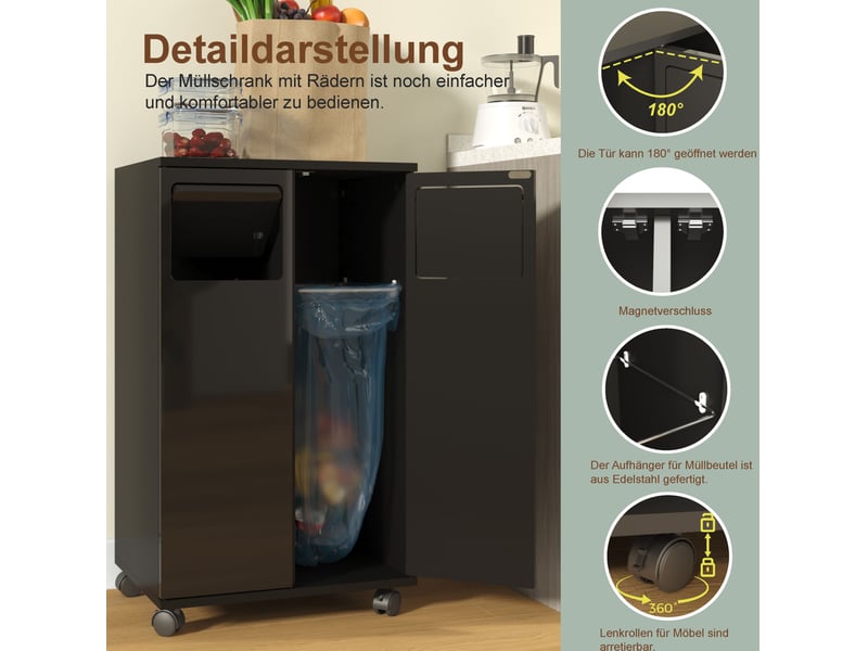  Meuble de tri des déchets 46,7x35x80 cm noir brillant mdf, 2 compartiments sur roulettes verrouillables  - Conforama D