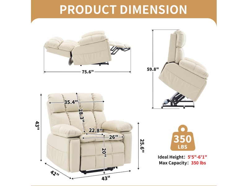 Fauteuil relax électrique releveur avec double moteur, massage, chauffage et repose-pieds, en flanelle beige - Conforama C