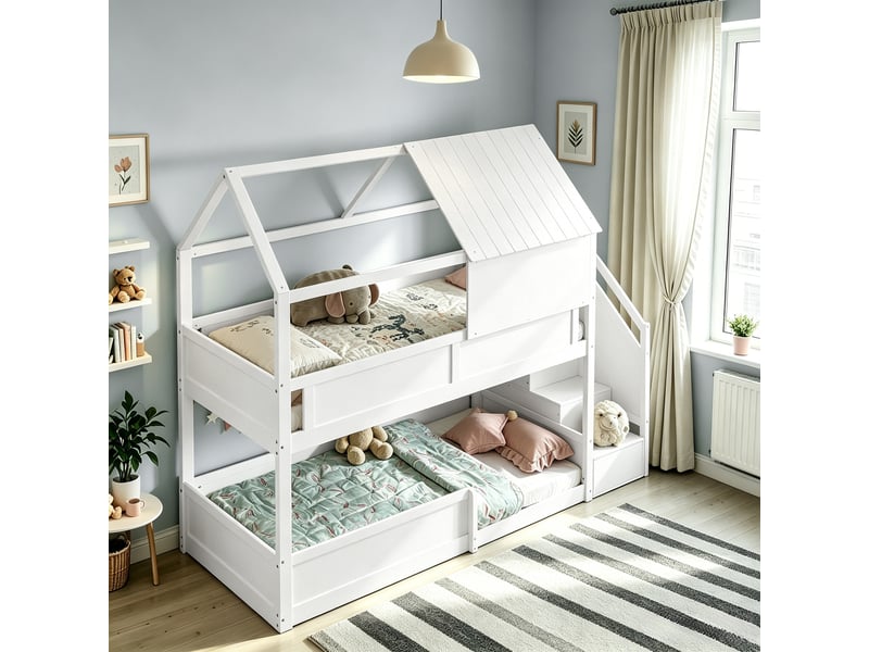  Lit superposé enfant 80×200 cm avec échelle, barrières et toit, bois massif blanc sans matelas  - Conforama C