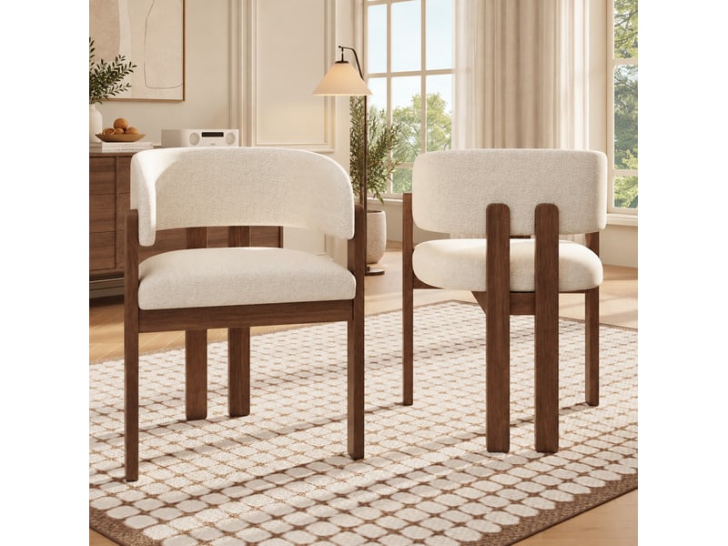  Lot de 2 chaises de salle à manger avec accoudoirs en tissu bouclé, beige et coloris noyer  - Conforama C