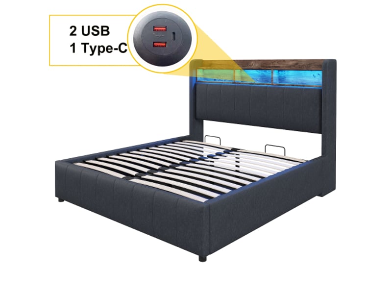  Lit rembourré 140 x 200 cm avec éclairage led et prise usb, tête de lit avec étagères et espace de rangement, mécanisme de levage hydraulique, lit double adulte, revêtement en lin gris  - Conforama E
