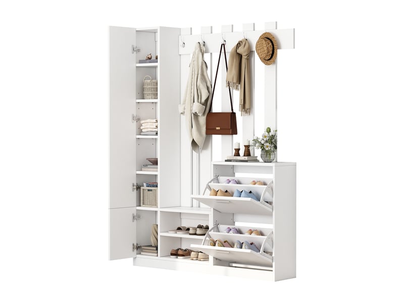 Meuble d'entrée à chaussures avec miroir, 2 portes abattantes, 5 crochets et rangements pour couloir 135×25×180 cm blanc - Conforama A