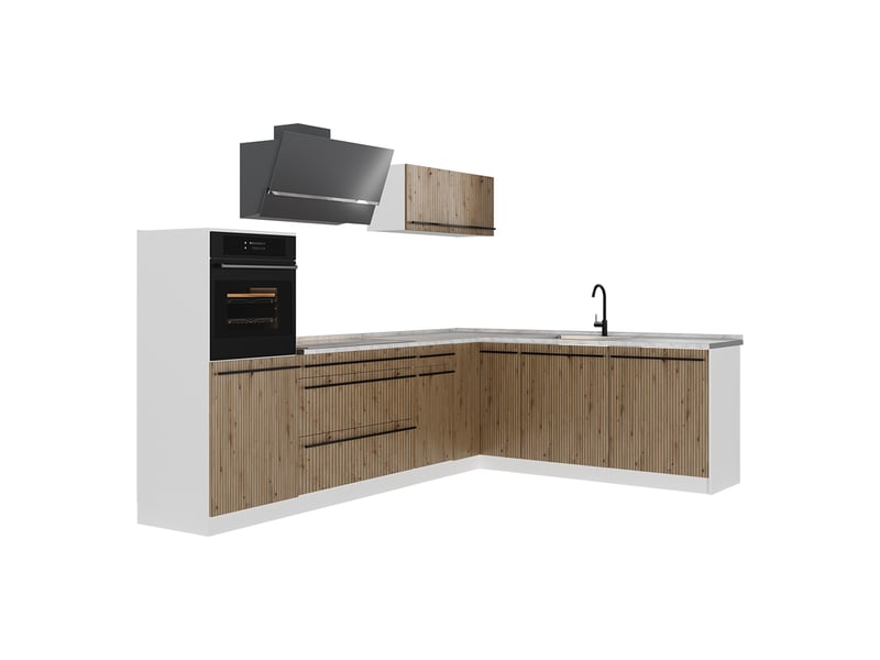  Vicco cuisine en angle, chêne artisanblanc, 287 x cm plan de travail marbre  - Conforama A