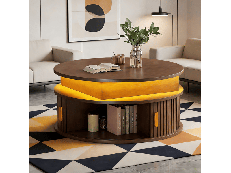  Table basse ronde 75 x 75 x 52 cm en mdf avec rangement, led et hauteur réglable couleur noyer chicfurn  - Conforama B