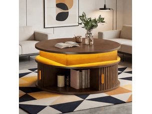 Table basse ronde 75 x 75 x 52 cm en mdf avec rangement, led et hauteur réglable couleur noyer chicfurn