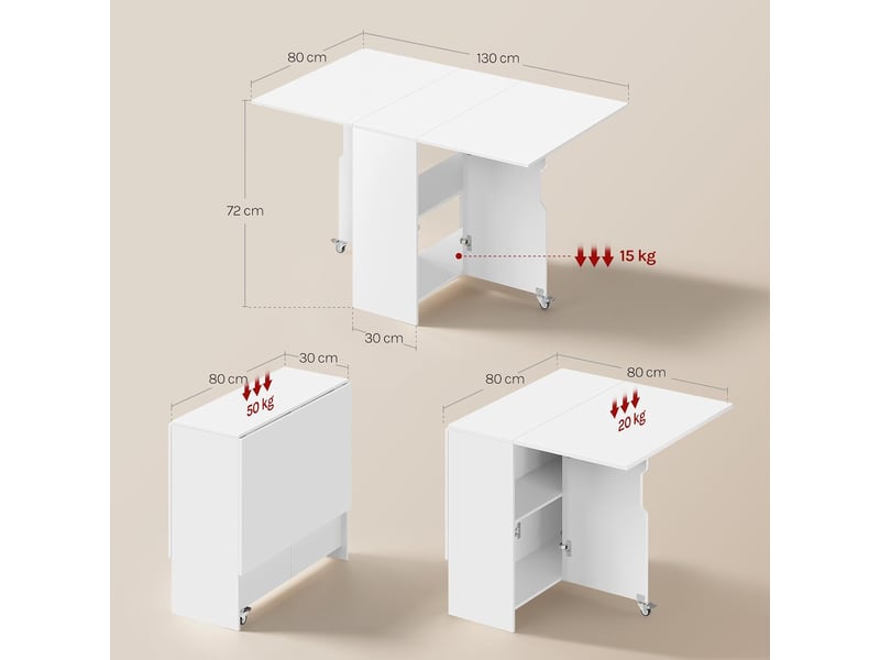 Table de salle à manger pliante, 3 formes possibles, en bois d'ingénierie, à roulettes avec freins, blanc - Conforama C