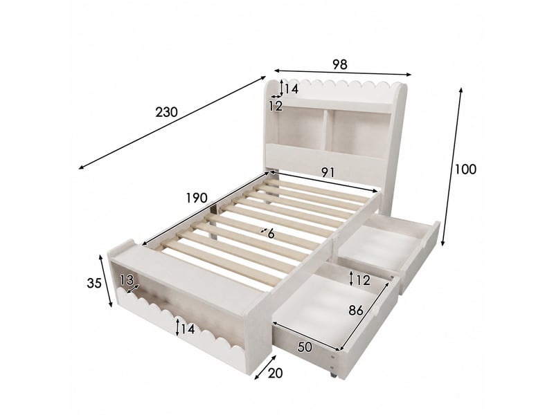 Lit enfant 90 x 190 cm avec 2 tiroirs, bois massif + mdf, blanc et effet chêne - Conforama C