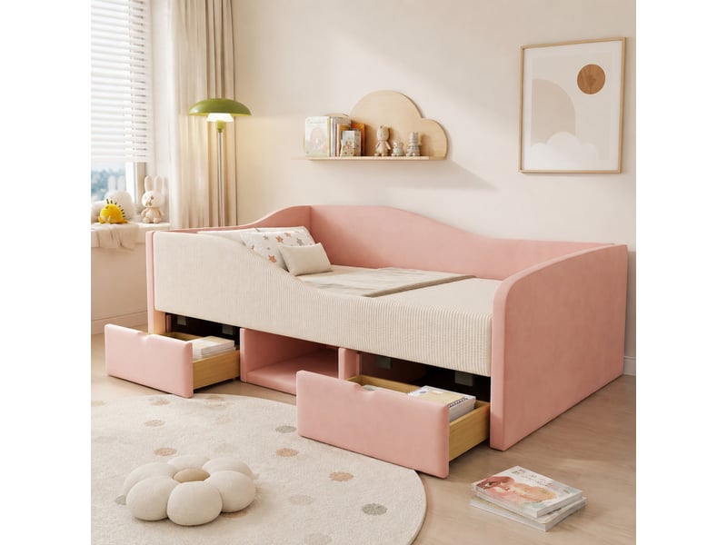  Lit rembourré tcqpz 90 x 190 cm avec deux tiroirs rangement velours rose et blanc  - Conforama E
