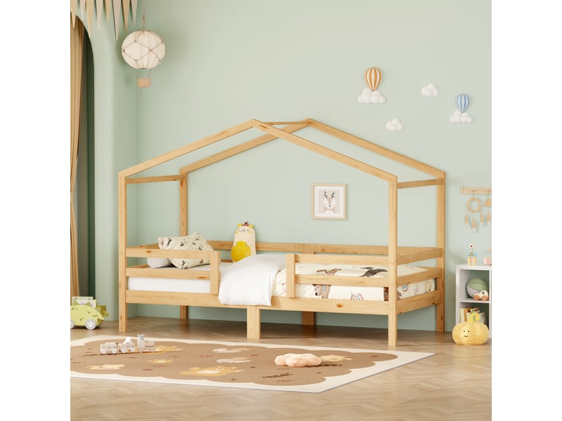  Lit cabane enfant 90x200 en pin massif - barrière de sécurité et sommier inclus  - Conforama D