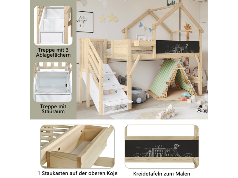 Lit superposé enfant simple 90×200 cm, escalier, 3 rangements et tableau - sans matelas, bois blanc naturel - Conforama E