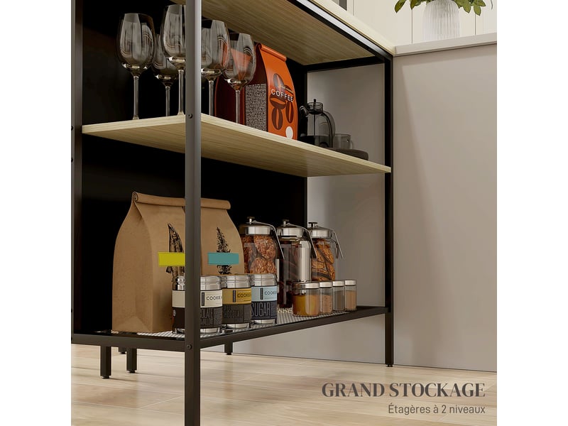 Ensemble table de bar et 2 tabourets style industriel avec étagère de rangement, métal noir et aspect bois, repose-pieds - Conforama E