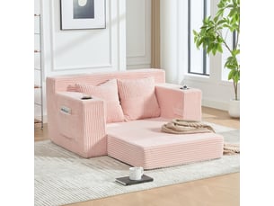 Canapé droit 2 places en velours côtelé rose, design contemporain avec coussins et rangement latéral intégré pour salon moderne