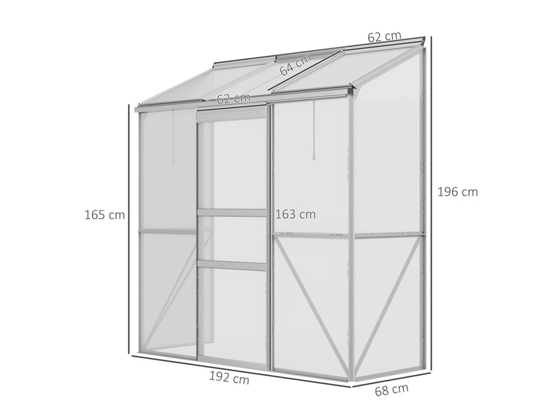  Serre adossée, porte coulissante, fenêtre de toit, polycarbonate + aluminium, couleur : argent, 192 x 68 x 196 cm  - Conforama E