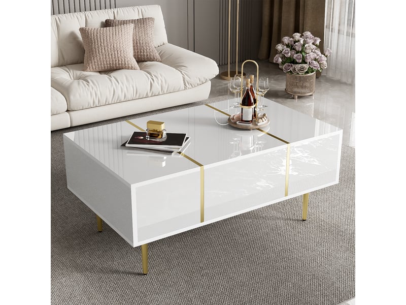  Table basse 100x60x41,5 cm avec 2 tiroirs, pieds et détails en métal doré, structure en mdf à finition brillante, blanc ABC - Conforama B