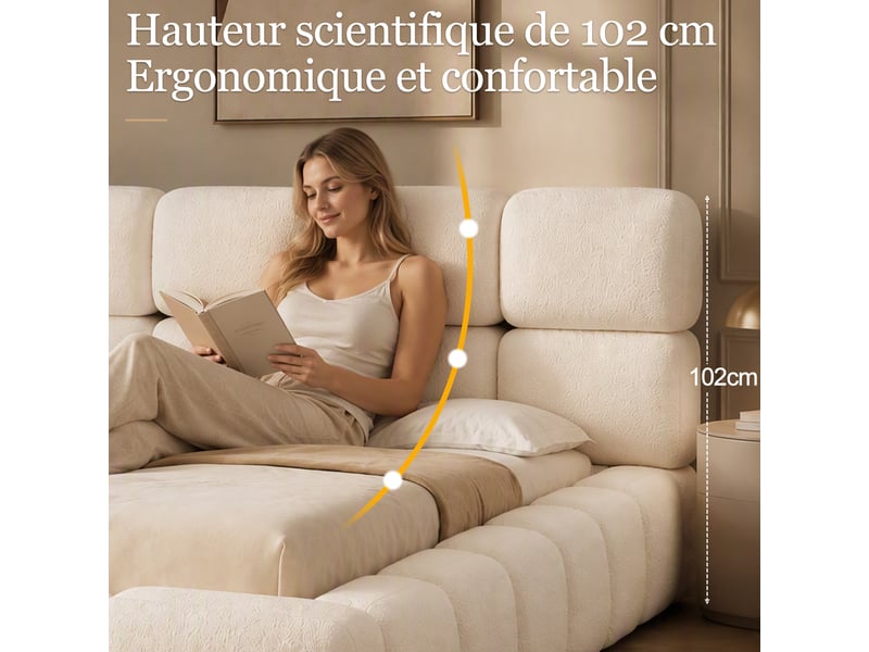 Lit coffre 180x200 cm, lit double, design nuage, coffre hydraulique, sommier à lattes, tête rembourrée, bouclé blanc - Conforama D