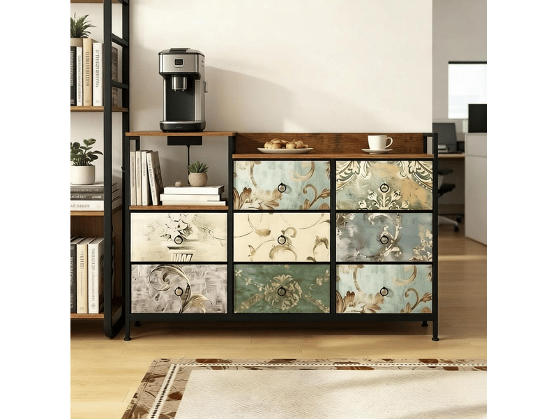  Commode 8 tiroirs 132x88x29 cm, finition bois effet industriel vintage, 2 crochets métalliques, port usb type-c, multicolore  - Conforama B