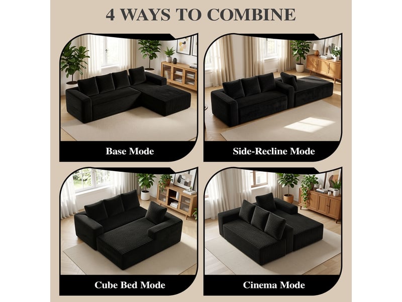 Canapé d’angle modulable 4 places 261 x 168 x 58 cm méridienne gauche, assise profonde, sans montage, velours côtelé noir - Conforama E