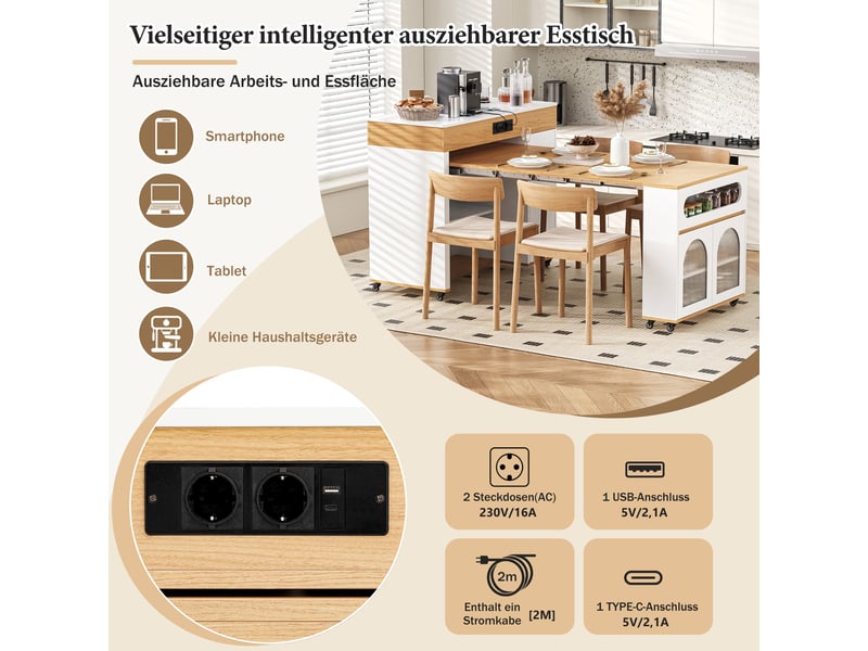  Îlot de cuisine avec table extensible et roulettes blanc et naturel  - Conforama D