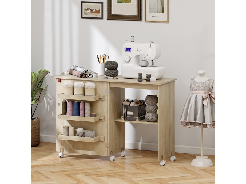 Table de couture pliable sur roulettes - table à rabat - 4 étagères - effet bois clair - Conforama B