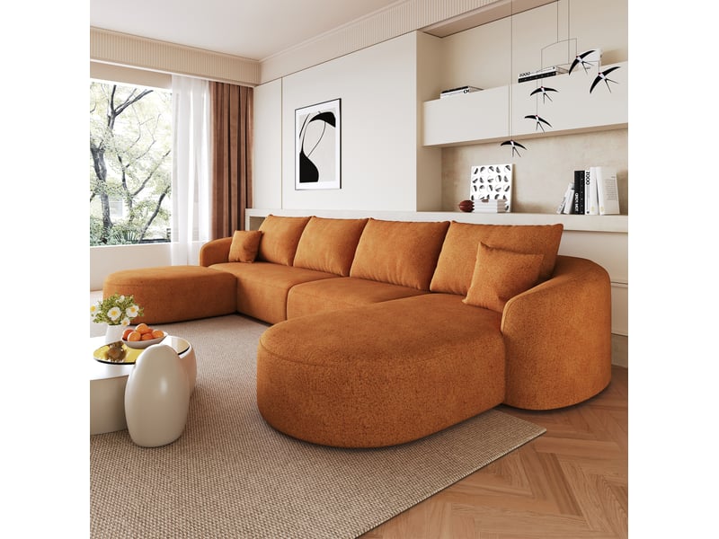  Canapé d’angle panoramique en u 5 places en tissu chenille orange, 336x168x85 cm  - Conforama B
