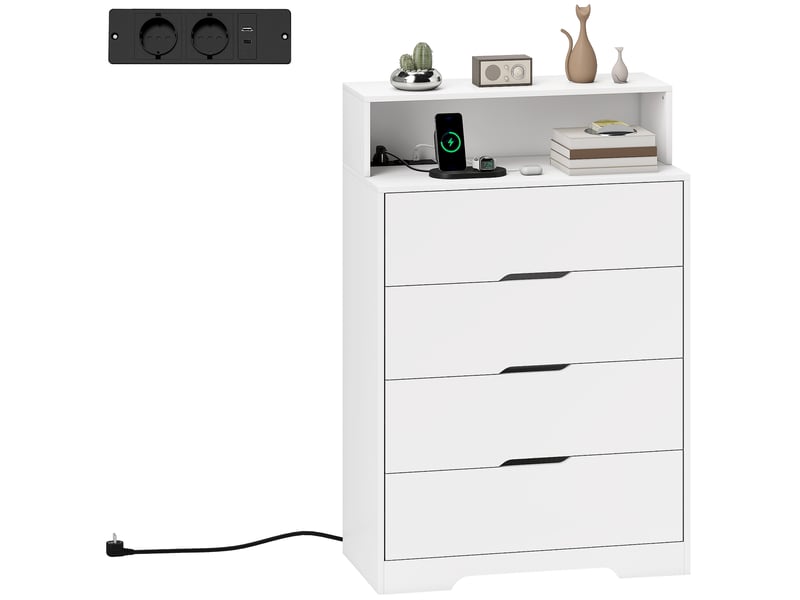 Commode 4 tiroirs avec station de charge, port usb, port usb-c, étagère ouverte, 80 x 40 x 120 cm, blanche  - Conforama A