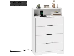 Commode 4 tiroirs avec station de charge, port usb, port usb-c, étagère ouverte, 80 x 40 x 120 cm, blanche