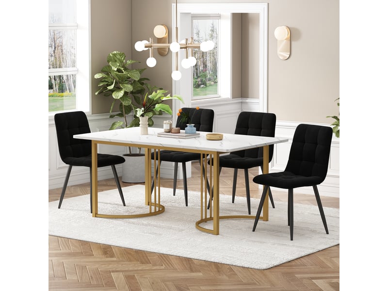  Ensemble repas 5 pièces, table motif marbre en mdf avec pieds métal réglables, 4 chaises velours, blanc+noir  - Conforama B