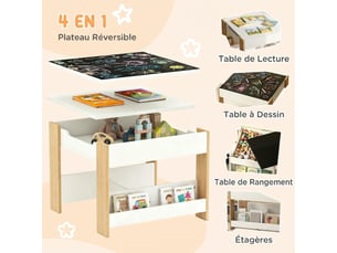 Ensemble 3 pièces table et 2 chaises pour enfant avec plateau réversible tableau noir, étagères, panier de rangement