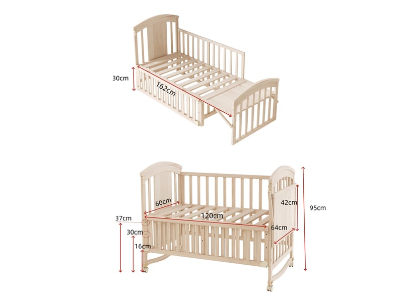  Lit bébé évolutif 60x120-162 cm, table à langer, roulettes freinées, bois naturel, sans matelas  - Conforama C