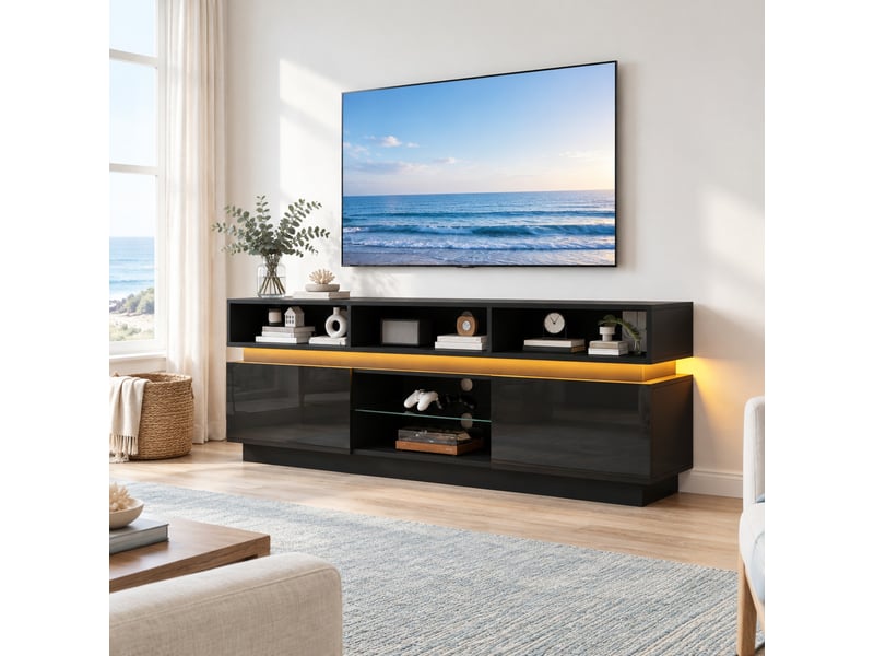  Meuble tv noir avec led, 10 espaces de rangement, mdf et verre, 160 x 35 x 60 cm  - Conforama C