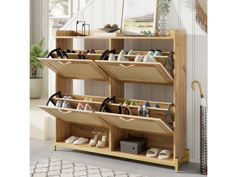  Meuble à chaussures 108,5x24x100 cm, 4 portes effet rotin, cadre métal et plateau supérieur, rangement pour entrée et couloir - bois  - Conforama B