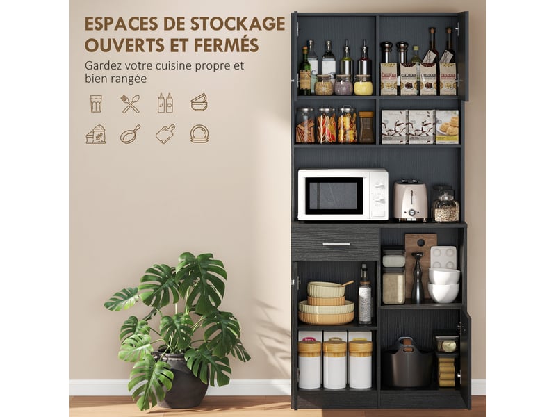  Buffet haut de cuisine 4 portes 1 tiroir avec étagères noir 80 x 35 x 180 cm  - Conforama D